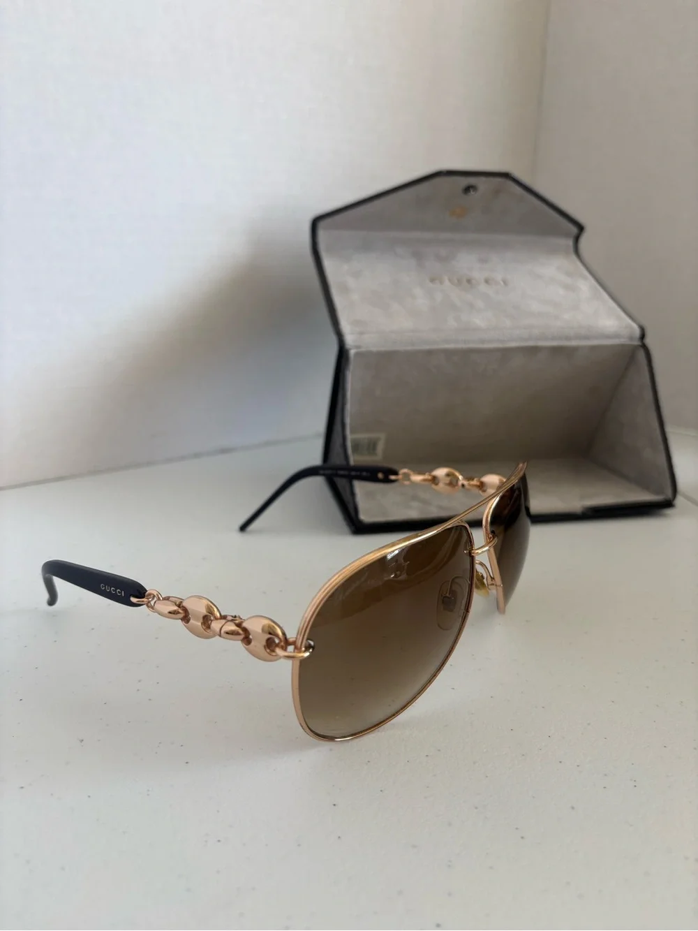 Gucci Men’s Gold Frame Brown Lens Sunglasses with Chain-Link Temples